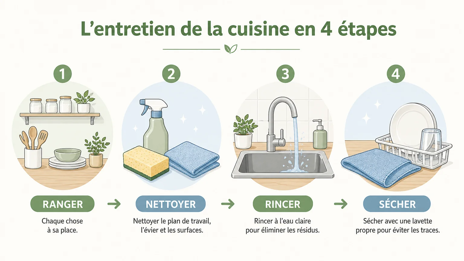 Checklist illustrée des étapes pour entretenir une cuisine