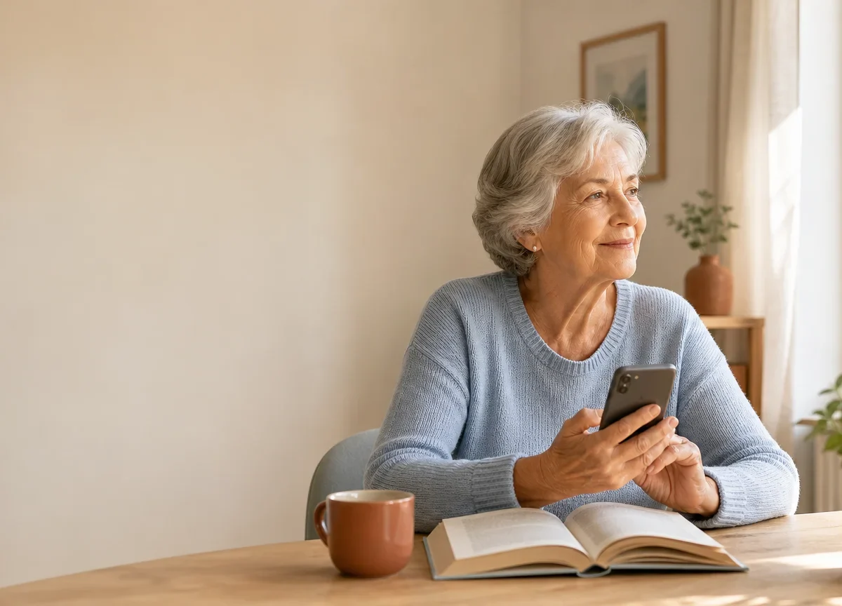 Personne âgée seule dans un intérieur lumineux avec un livre et un téléphone