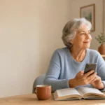 Personne âgée seule dans un intérieur lumineux avec un livre et un téléphone