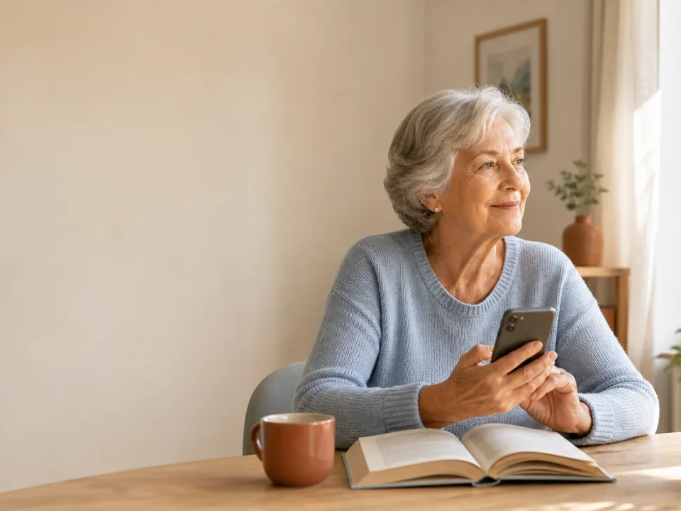 Personne âgée seule dans un intérieur lumineux avec un livre et un téléphone