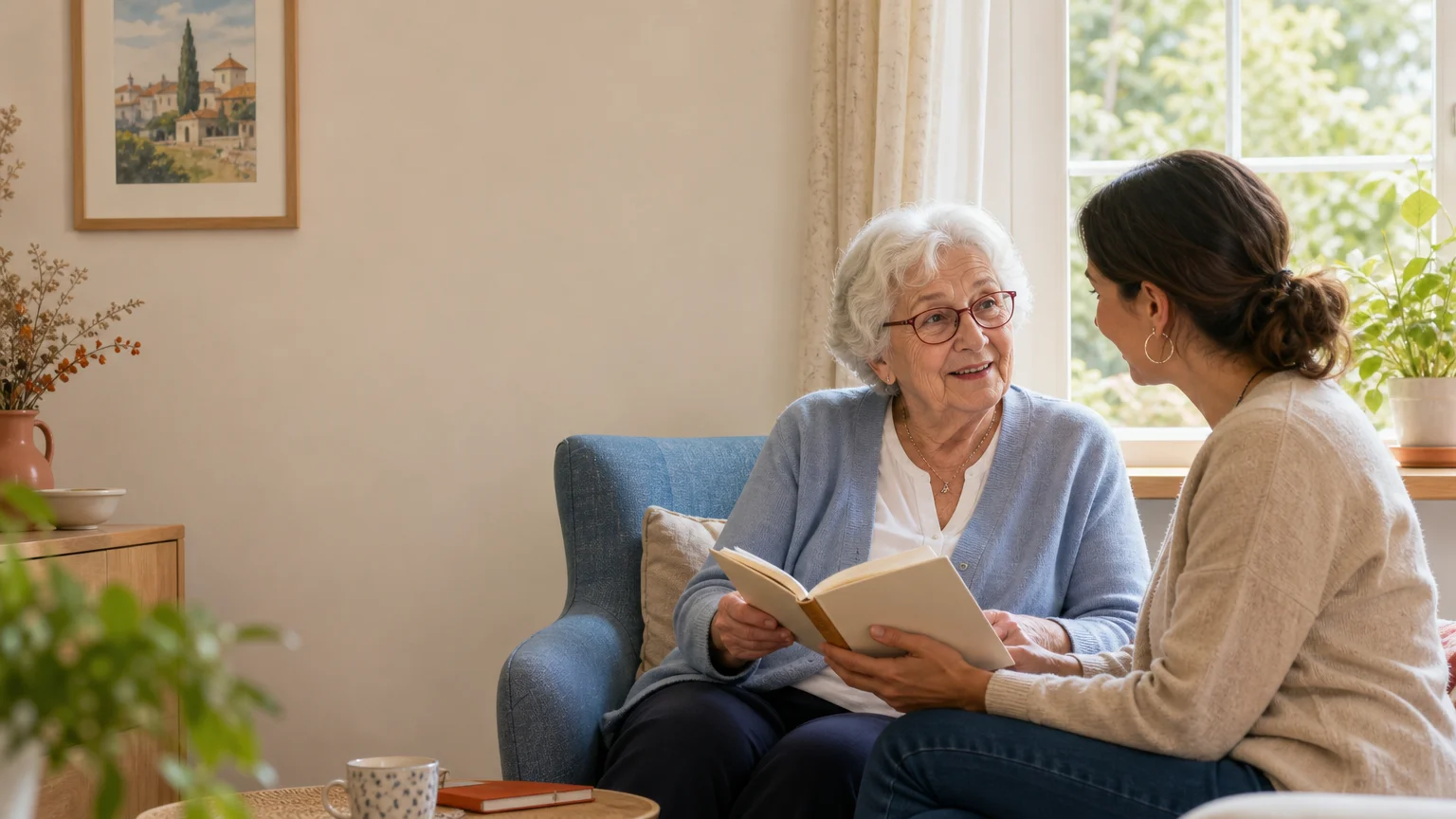 Une personne âgée partage un moment de lecture et d’échange à domicile