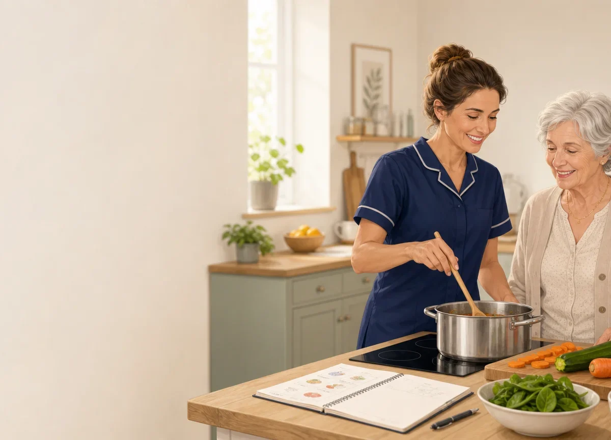 Aide à domicile préparant un repas avec une personne âgée