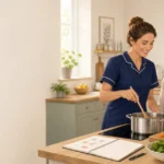 Aide à domicile préparant un repas avec une personne âgée