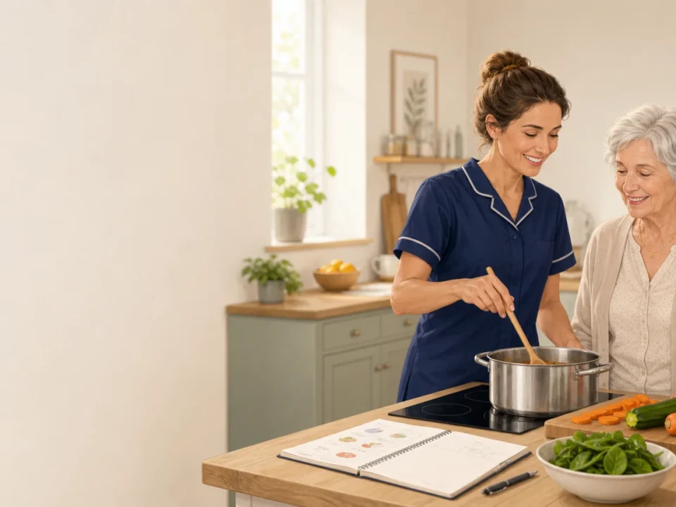 Aide à domicile préparant un repas avec une personne âgée