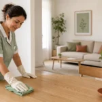 Aide ménagère professionnelle entretenant un intérieur lumineux