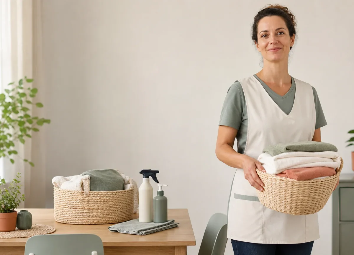 Aide ménagère intervenant dans un intérieur lumineux