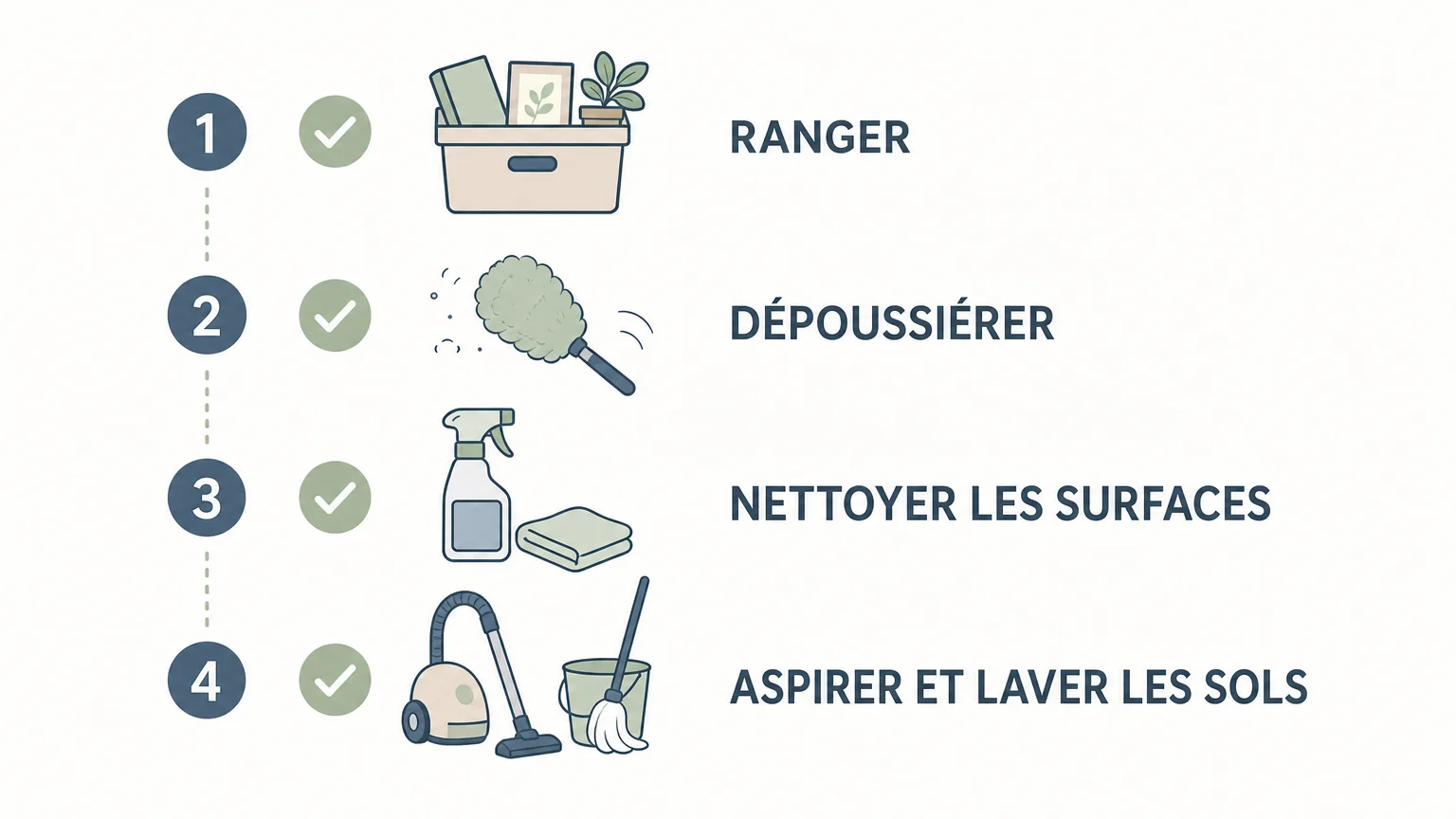 Checklist illustrée des étapes du ménage dans le bon ordre