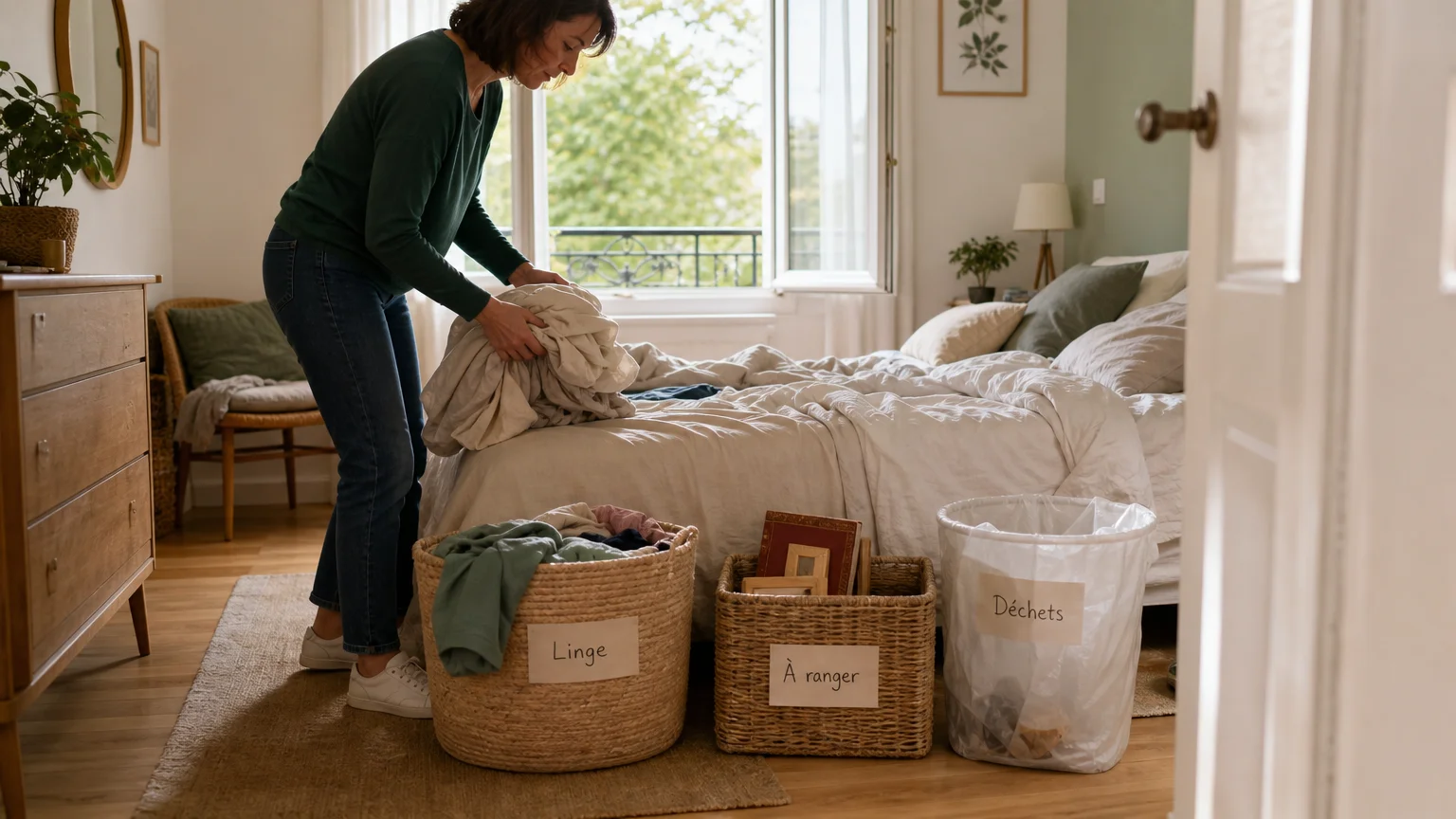 Personne qui désencombre une chambre avant le nettoyage