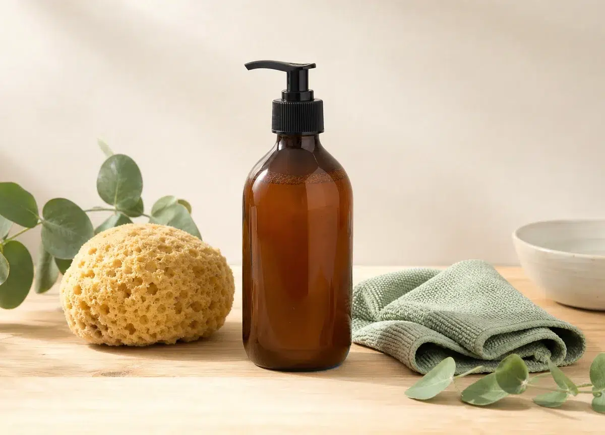 Flacon générique de savon noir avec accessoires de ménage naturels