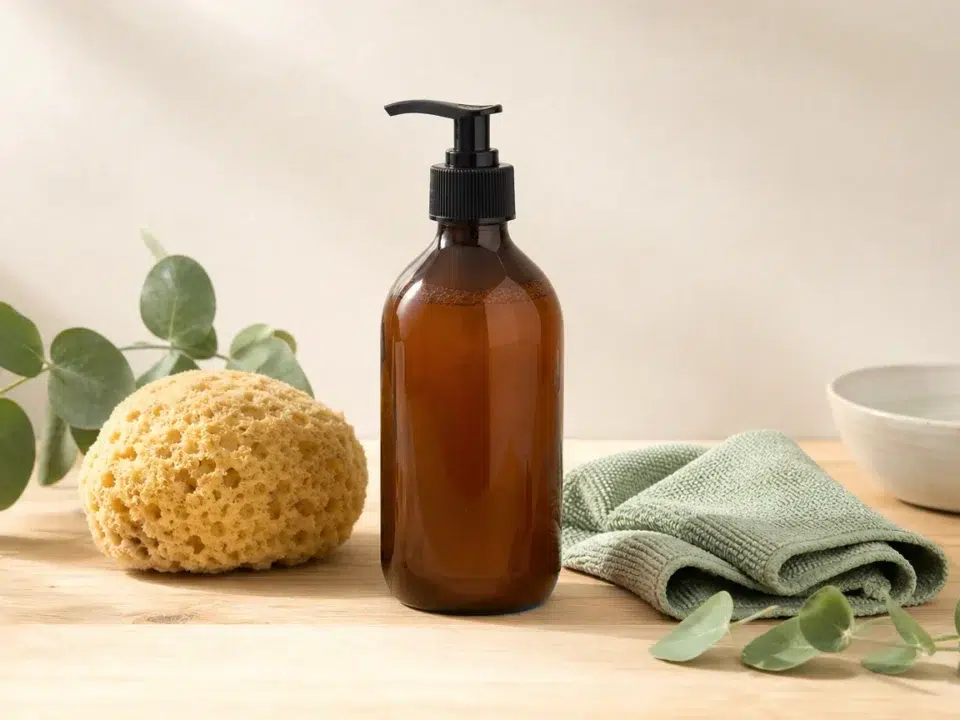 Flacon générique de savon noir avec accessoires de ménage naturels