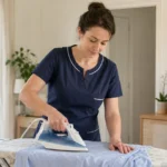 Intervenante repassant une chemise à domicile dans un intérieur lumineux