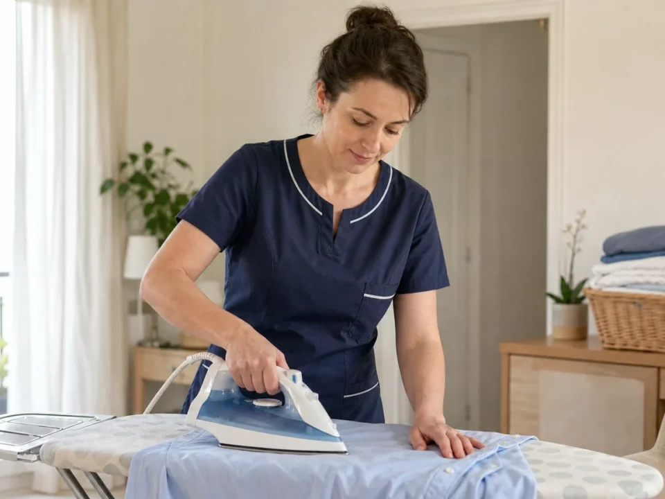 Intervenante repassant une chemise à domicile dans un intérieur lumineux