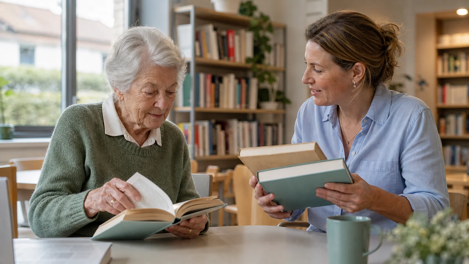 Une personne âgée choisit un livre avec l’aide d’un proche dans une bibliothèque