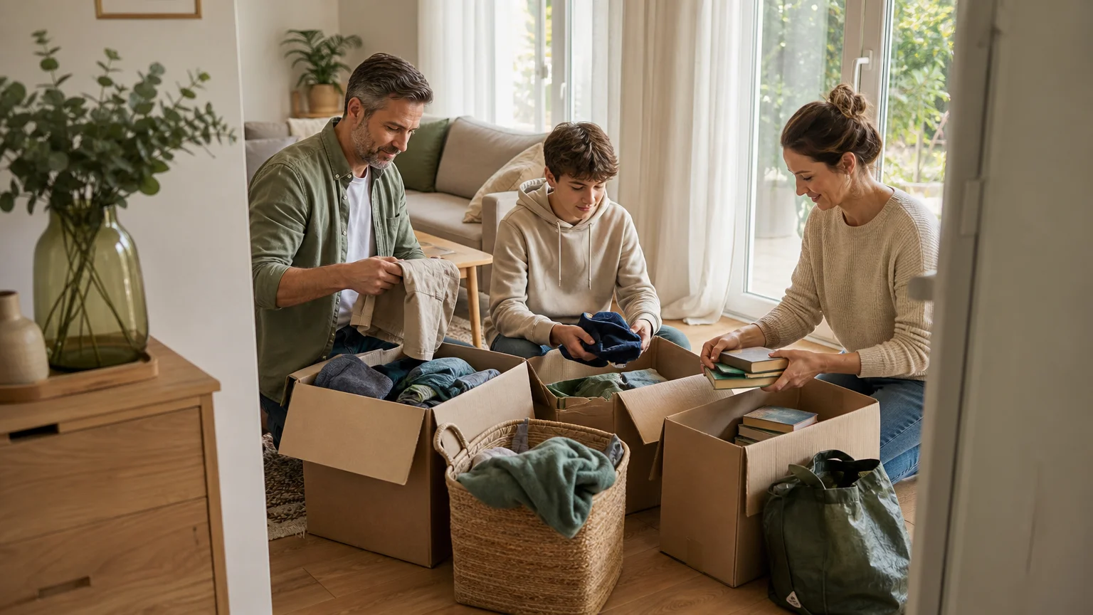 Famille organisant le tri du logement pendant un ménage de printemps