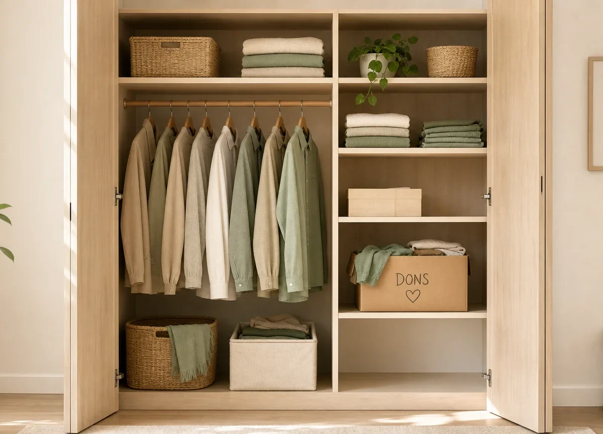 Placard désencombré avec vêtements rangés et espace libéré