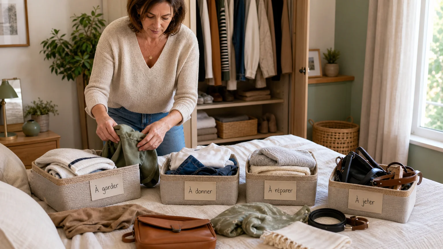 Personne triant des vêtements et des accessoires dans une chambre lumineuse