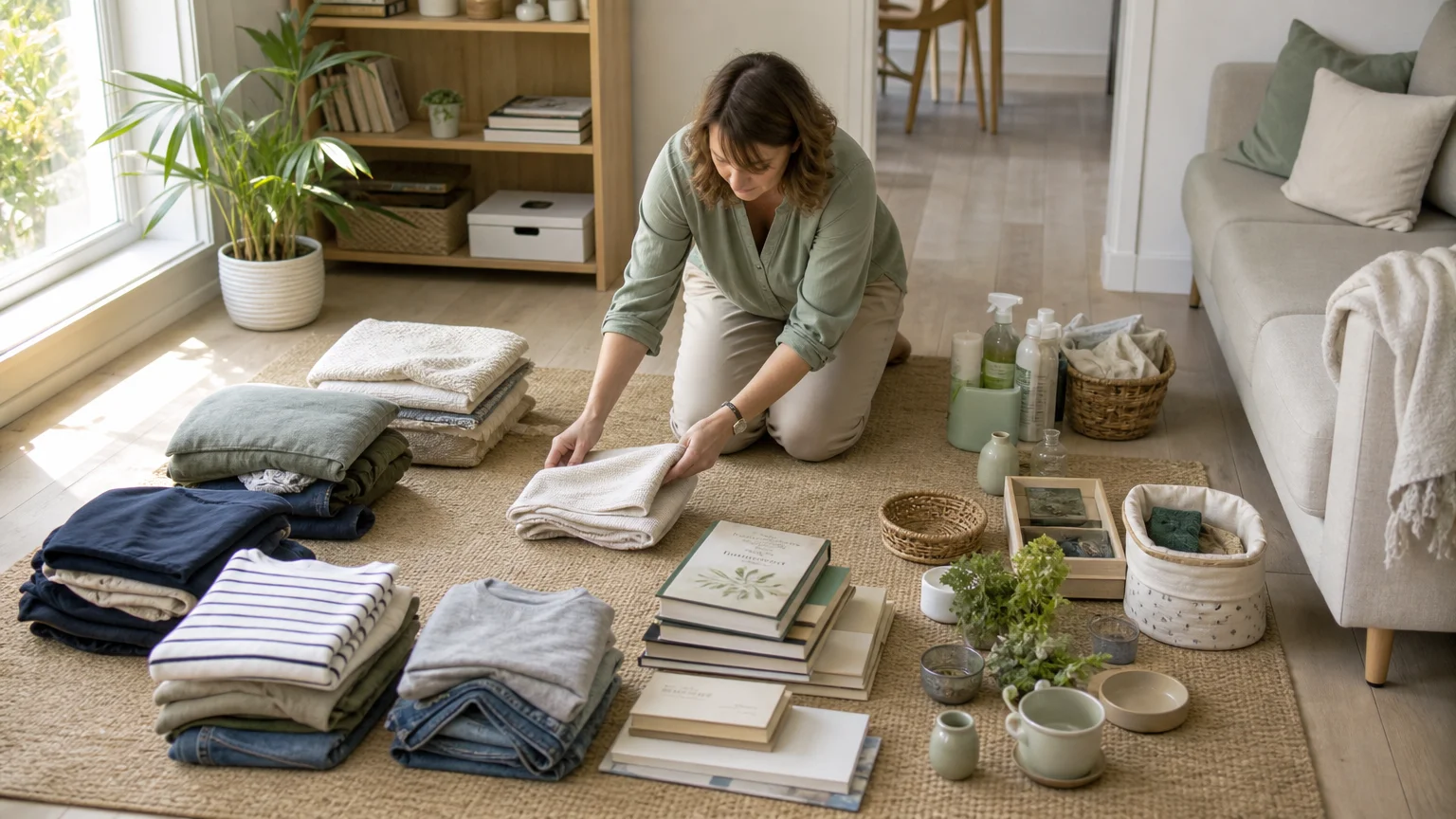 Personne triant ses objets par catégories dans une maison lumineuse