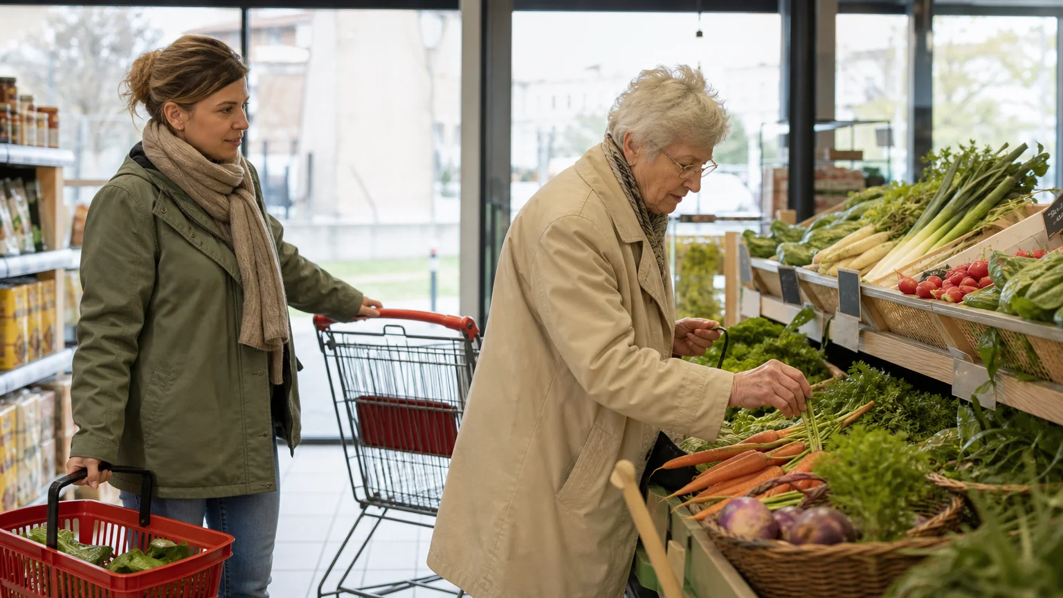 Une personne âgée choisit ses produits avec l’aide d’un intervenant dans un magasin