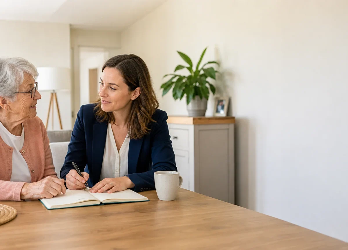 Échange entre une personne âgée et une professionnelle pour préparer un accompagnement à domicile