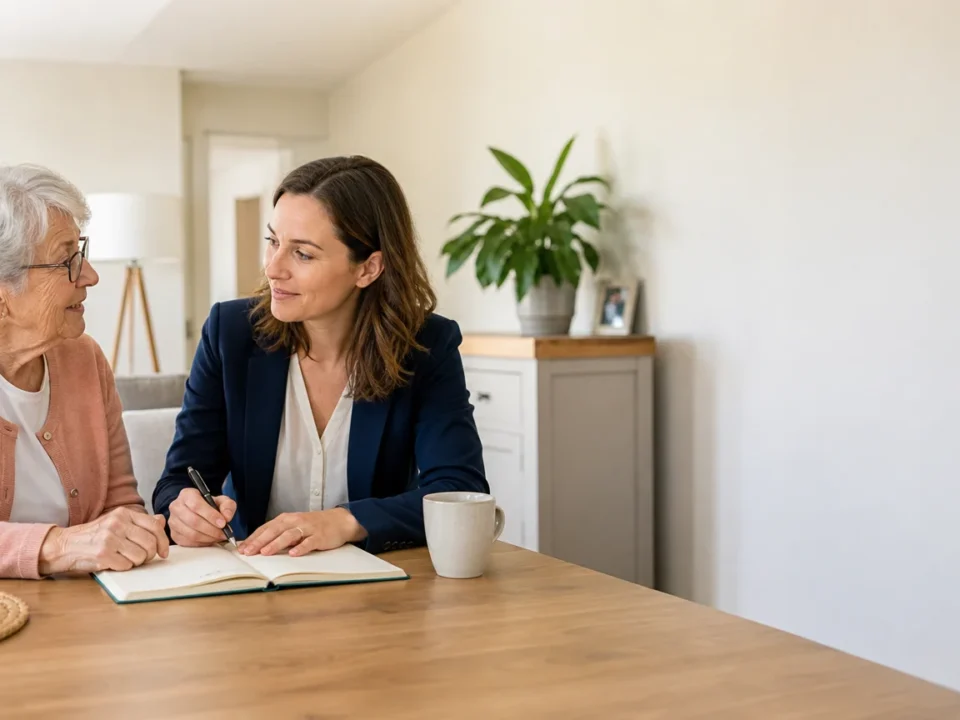 Échange entre une personne âgée et une professionnelle pour préparer un accompagnement à domicile
