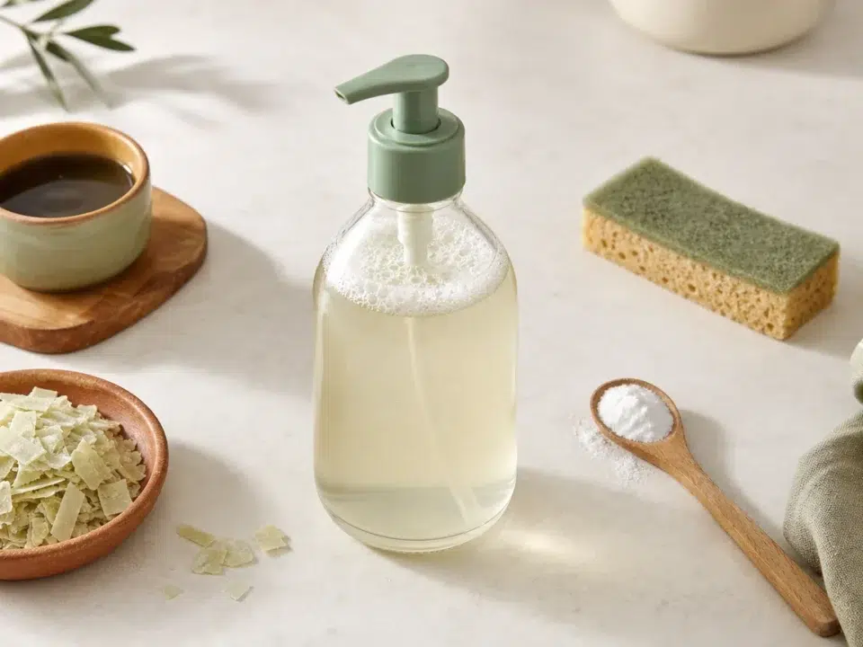 Flacon et ingrédients naturels pour préparer un liquide vaisselle maison
