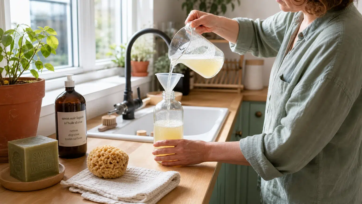Préparation naturelle d’un liquide vaisselle maison dans une cuisine lumineuse