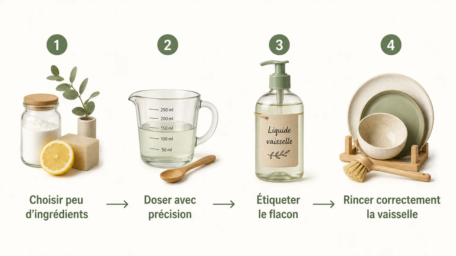 Checklist illustrée pour préparer et utiliser un liquide vaisselle maison