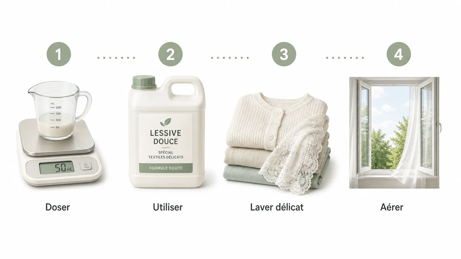 Checklist illustrée pour doser et conserver une lessive maison