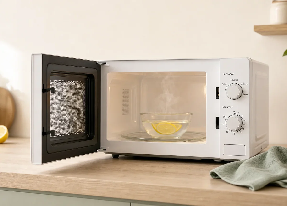 Micro-ondes propre avec un bol d’eau citronnée et un chiffon doux