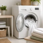 Machine à laver et linge de maison soigneusement préparé