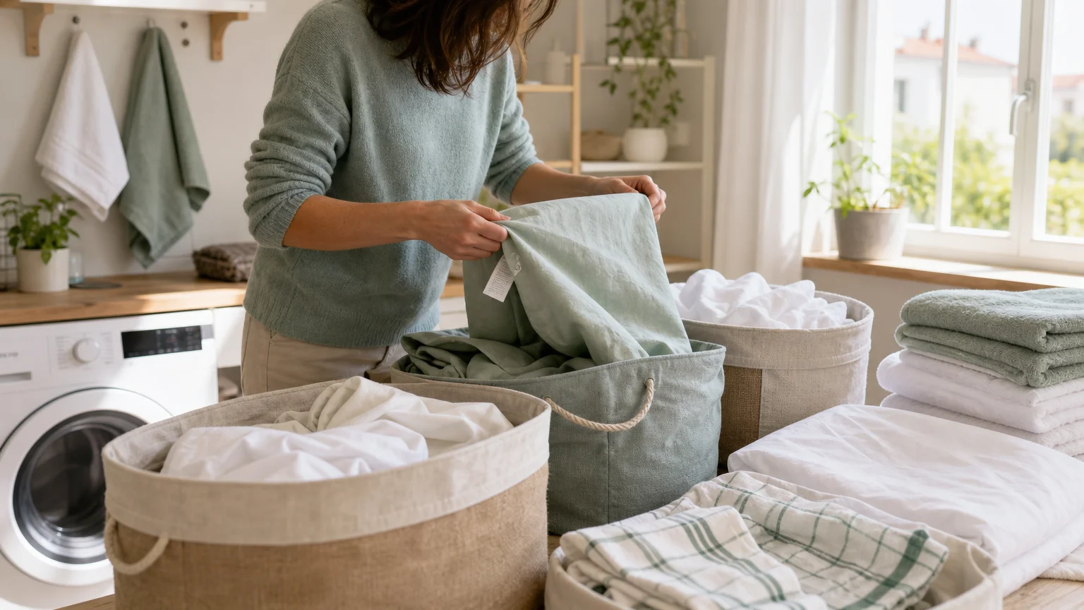 Tri du linge de maison avant le lavage dans une buanderie