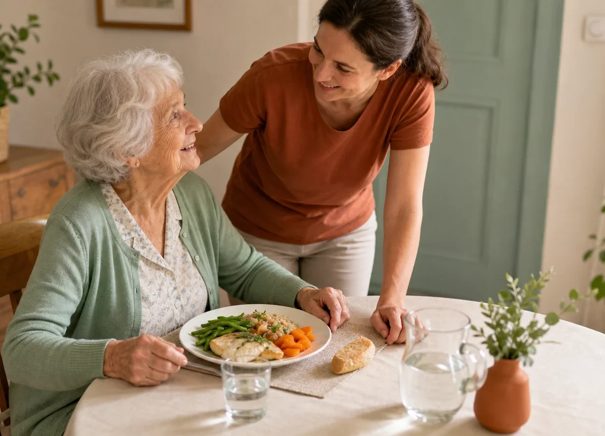 Personne âgée accompagnée pendant un repas à domicile