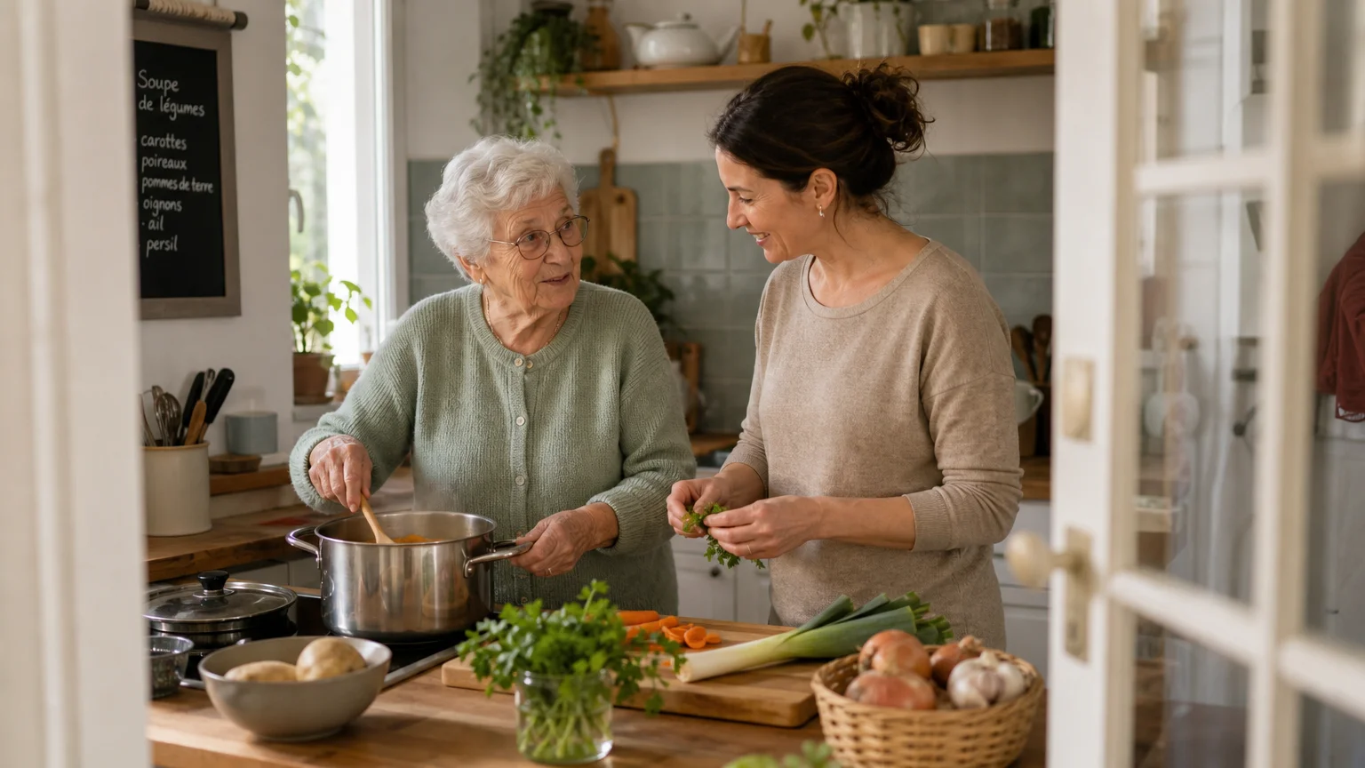 Une personne âgée prépare un repas avec une aide à domicile dans une cuisine lumineuse