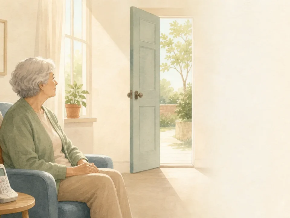 Illustration d’une personne âgée chez elle qui retrouve progressivement le lien avec l’extérieur