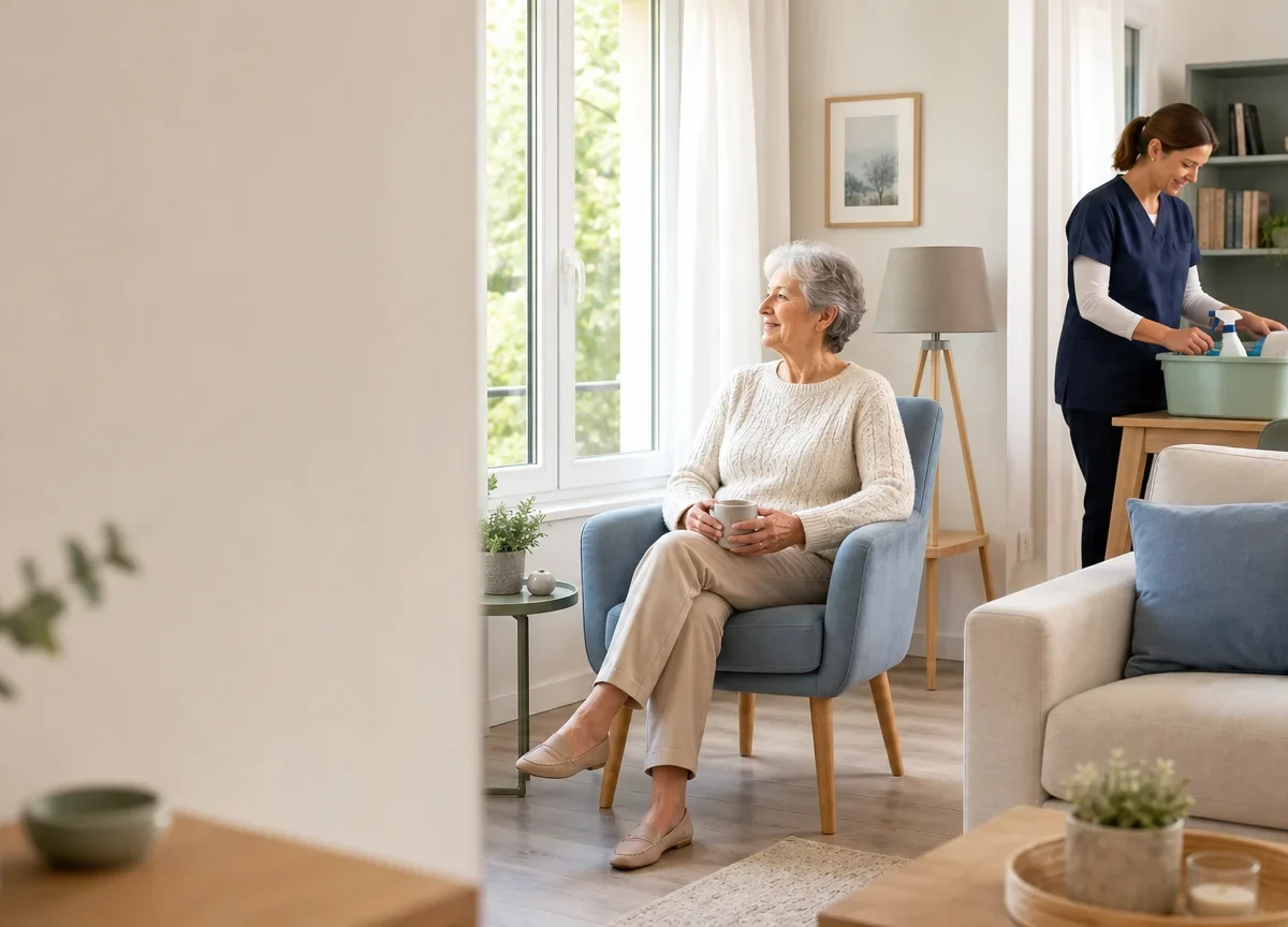 Intérieur français entretenu avec une personne âgée et une intervenante à domicile