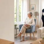 Intérieur français entretenu avec une personne âgée et une intervenante à domicile
