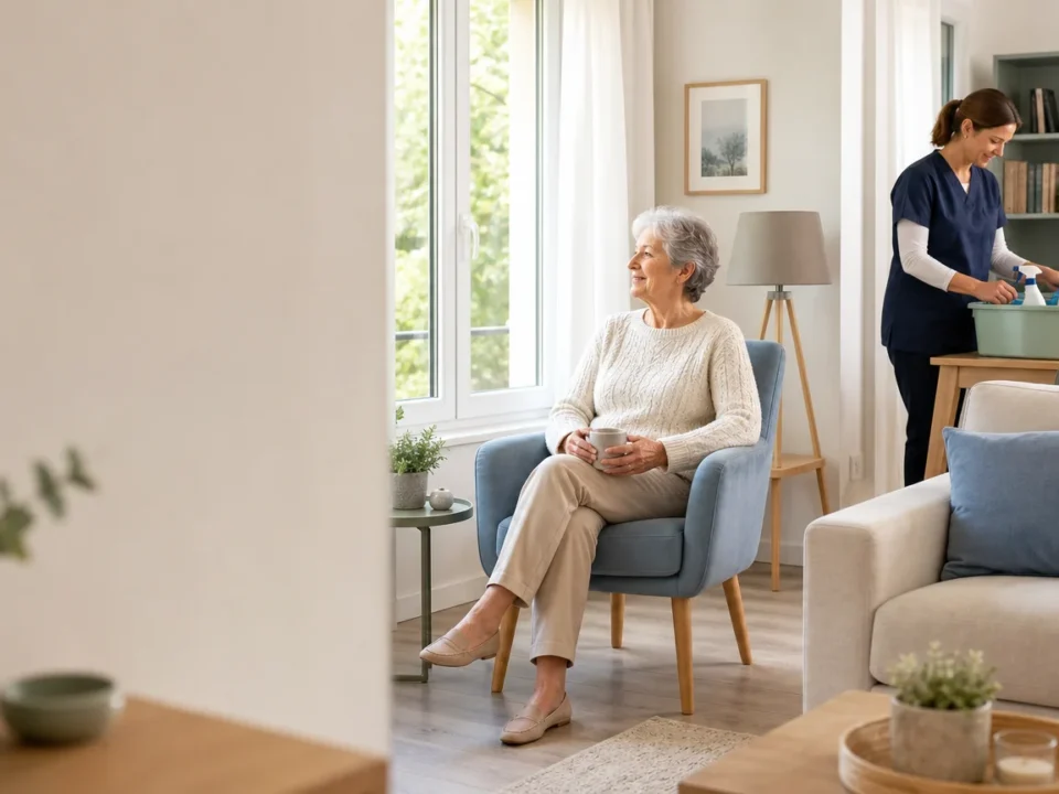 Intérieur français entretenu avec une personne âgée et une intervenante à domicile
