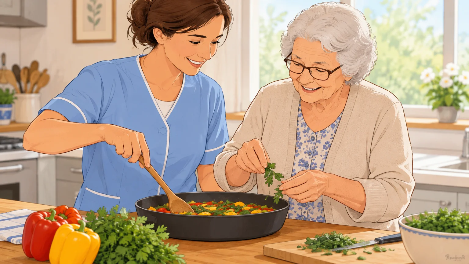 Une aide à domicile accompagne une personne âgée dans la préparation d’un repas