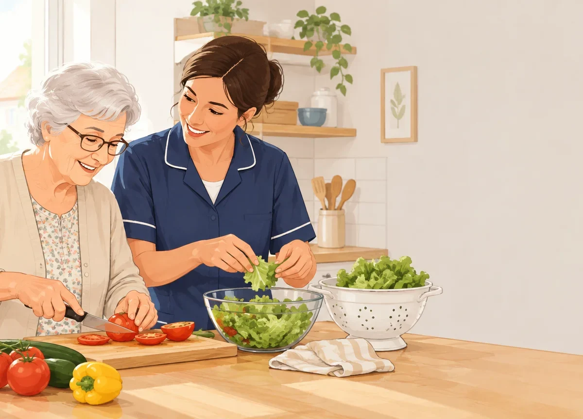 Une personne âgée et une intervenante préparent un repas à domicile