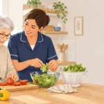 Une personne âgée et une intervenante préparent un repas à domicile