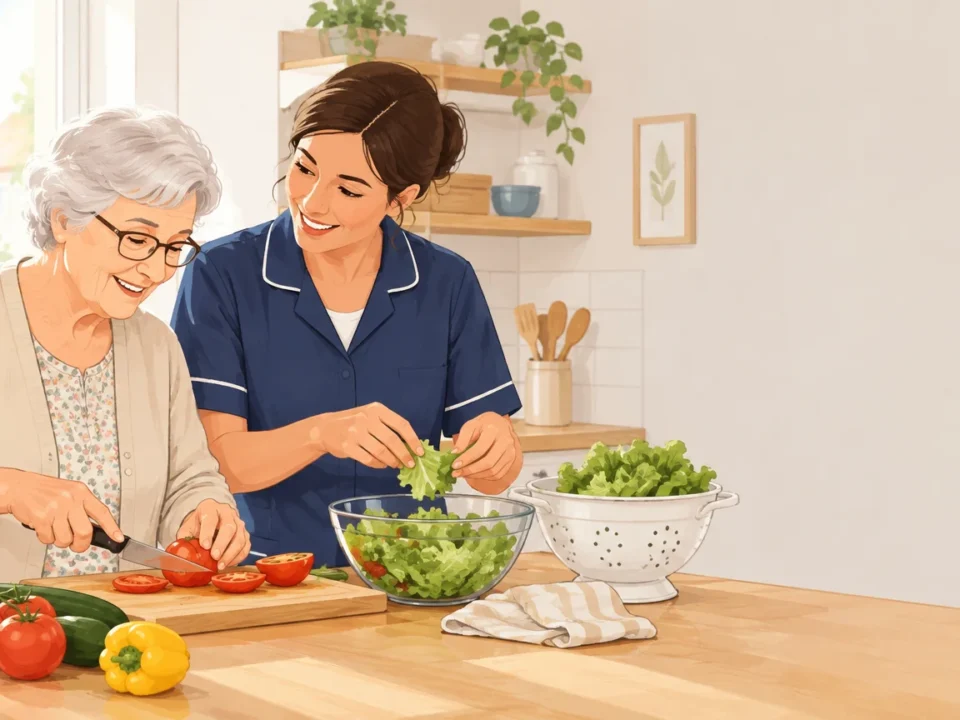 Une personne âgée et une intervenante préparent un repas à domicile