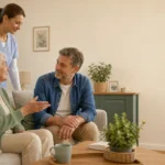 Une personne âgée et un proche échangent avec une aide à domicile chez eux
