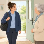 Une aide à domicile accueille une personne âgée chez elle