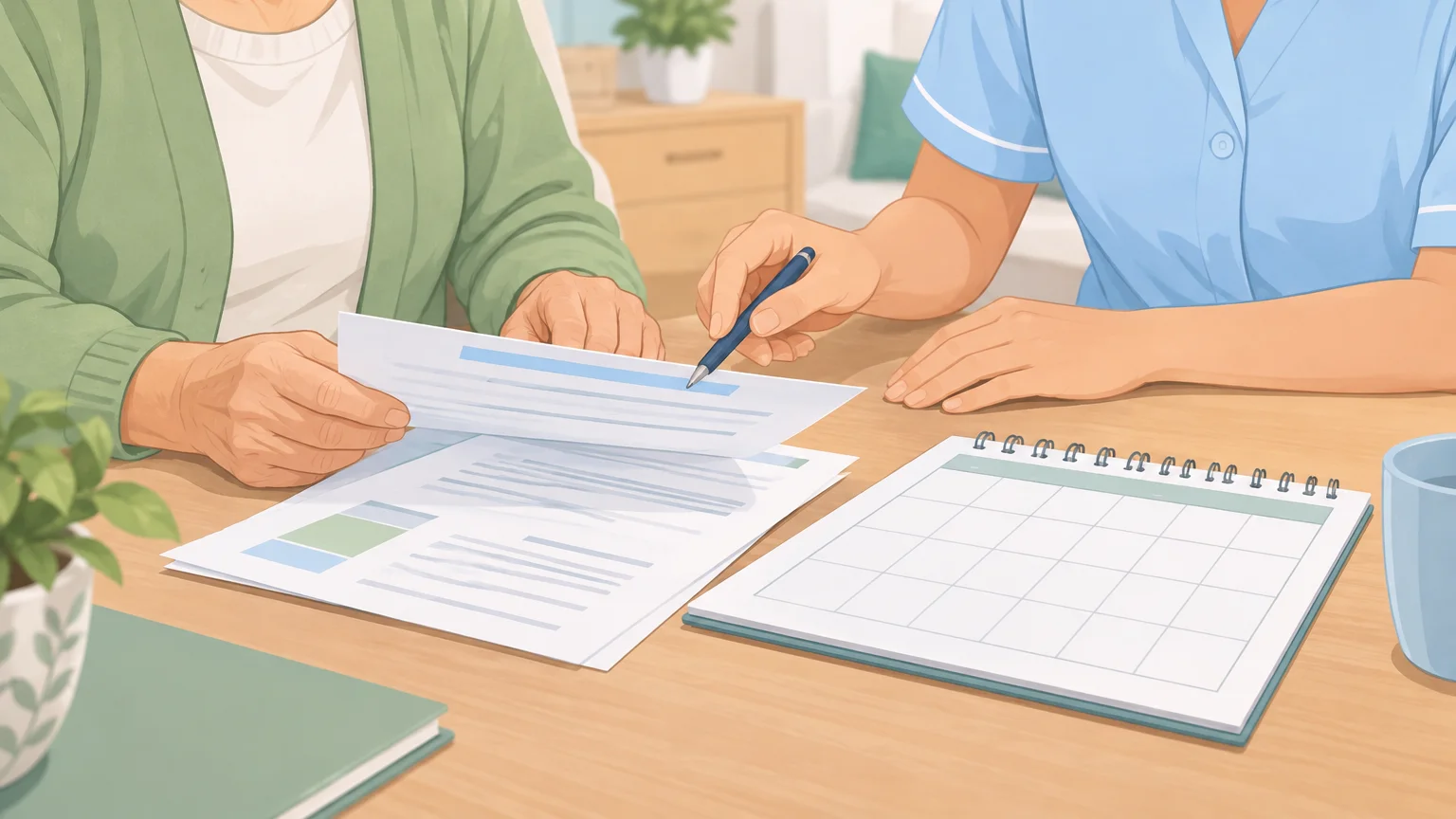 Un proche et une aide à domicile examinent ensemble des documents et un calendrier