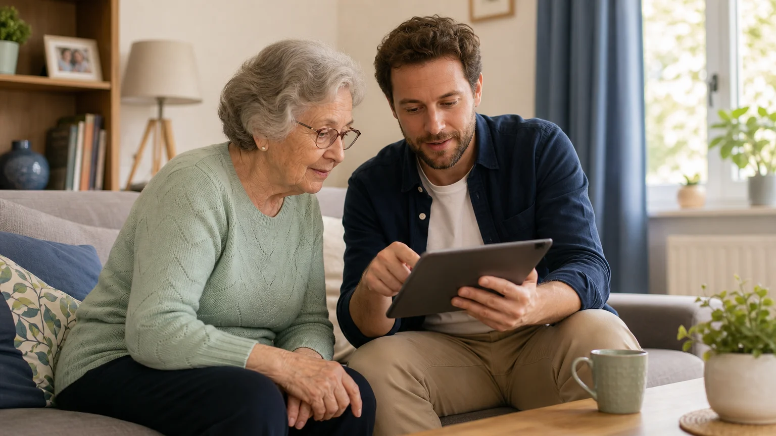 Une personne âgée apprend à utiliser une tablette avec un intervenant à domicile