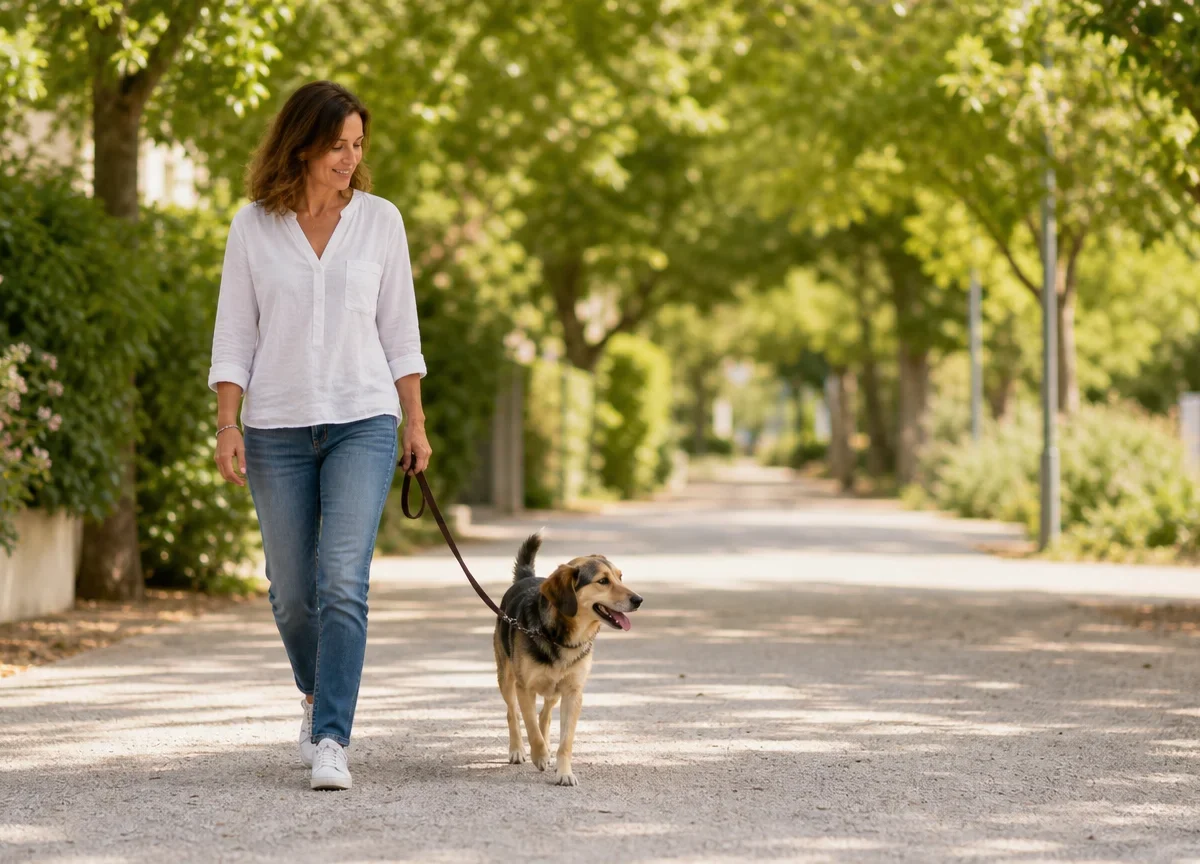 Un chien en promenade avec son accompagnant dans un cadre verdoyant de Castelnau-le-Lez