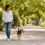 Un chien en promenade avec son accompagnant dans un cadre verdoyant de Castelnau-le-Lez