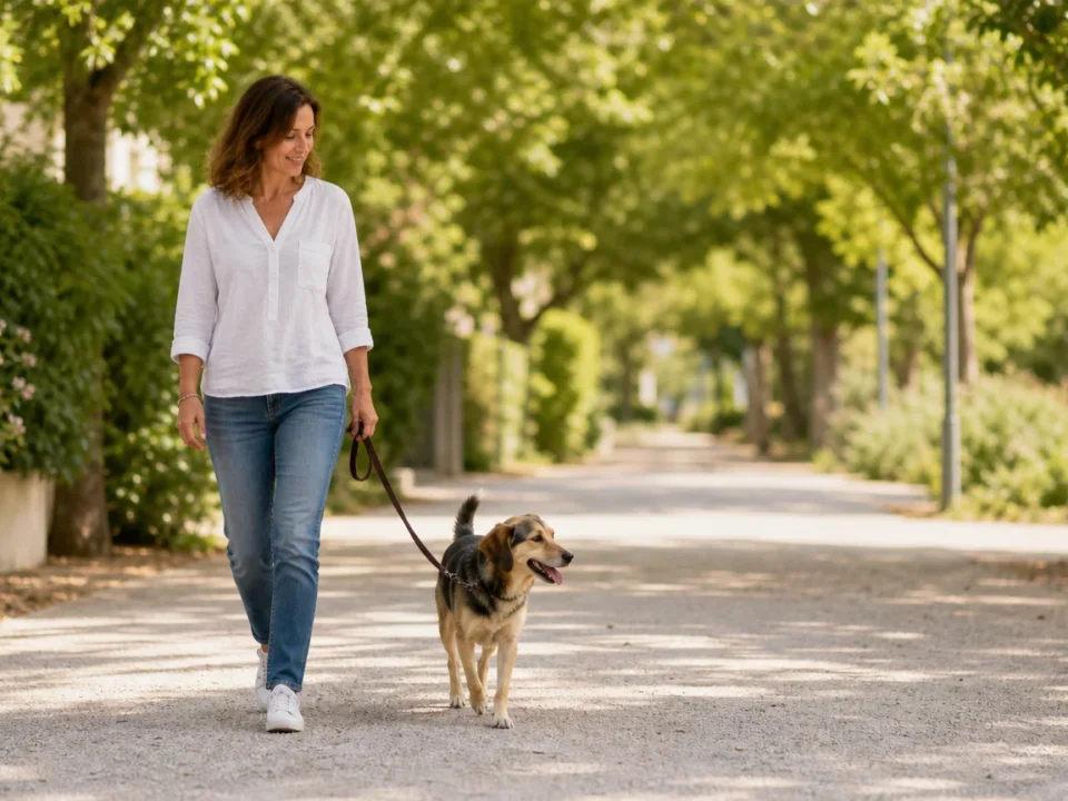 Un chien en promenade avec son accompagnant dans un cadre verdoyant de Castelnau-le-Lez