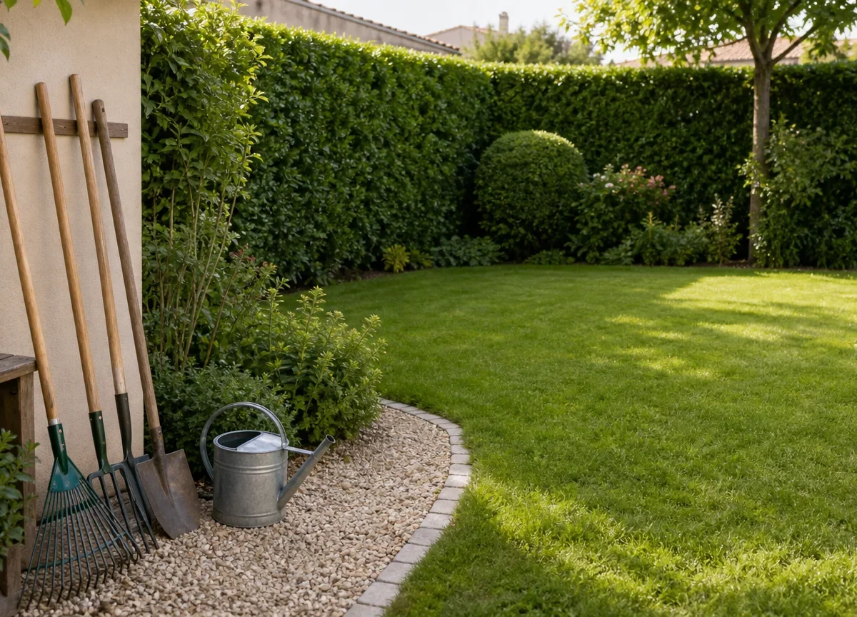 Jardin résidentiel entretenu avec des outils de jardinage