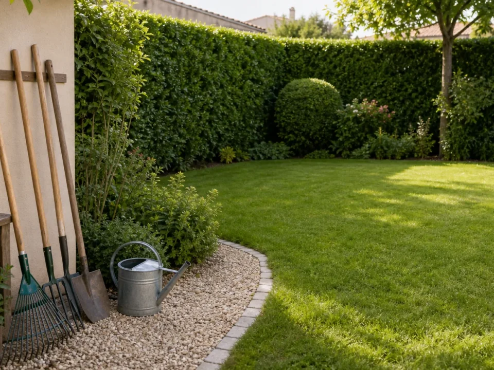 Jardin résidentiel entretenu avec des outils de jardinage